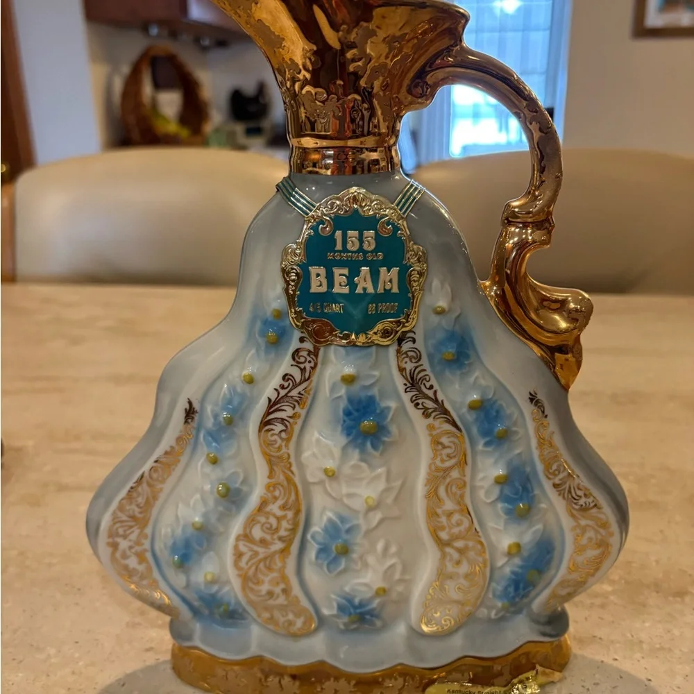Beam Porcelain Decanter with Gold and Blue Floral Design
